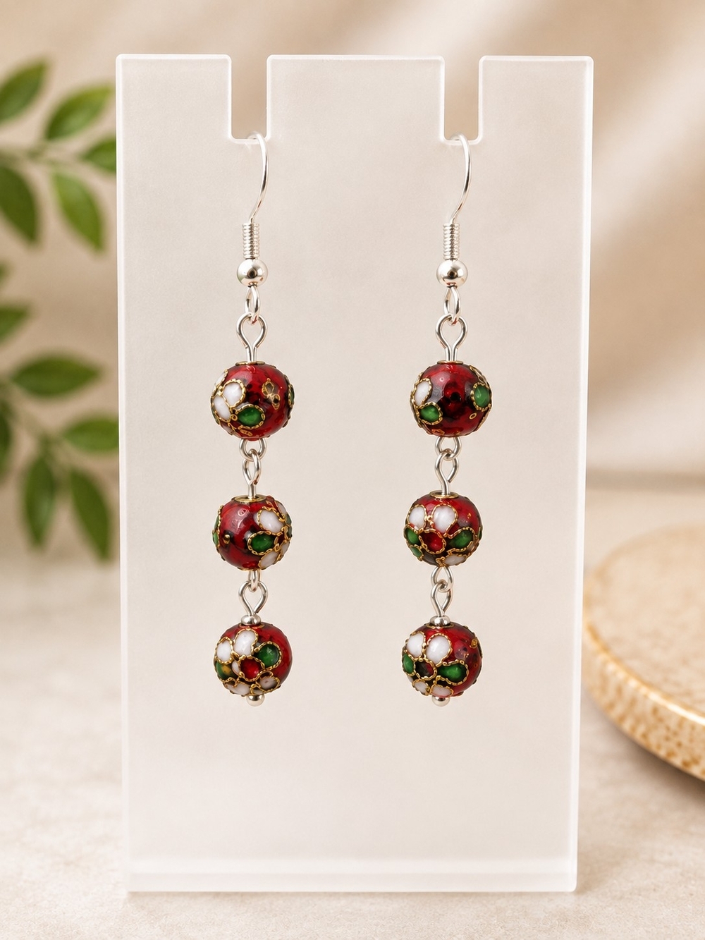 Red Cloisonné Floral Dangle Earrings | Sterling Silver Hooks